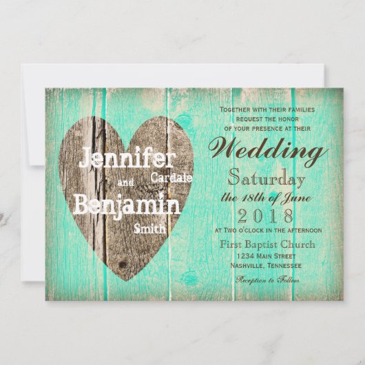 Invitation Rustique Wood Heart Aqua Mariage campagnard Invita (Devant)