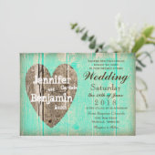 Invitation Rustique Wood Heart Aqua Mariage campagnard Invita (Debout devant)