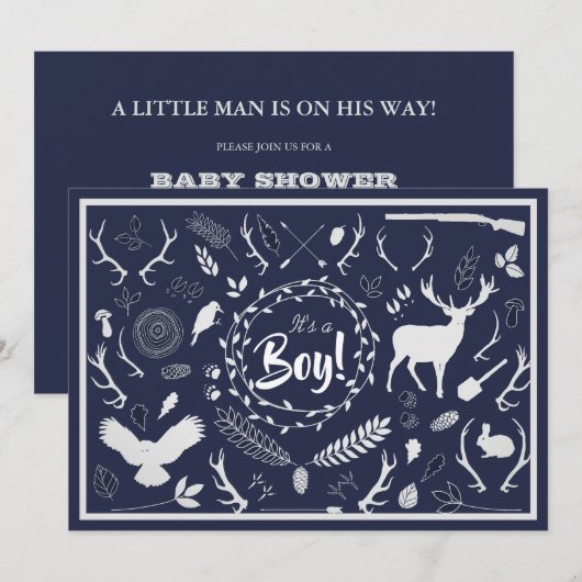 Invitation Rustique Woodland Baby Boy Shower (bleu marine) (Devant / Derrière)