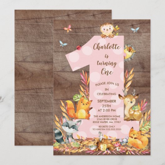 Invitation Rustique Woodland Big One Girls Anniversaire Invit (Devant / Derrière)