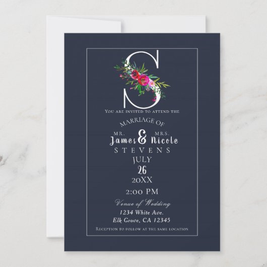 Invitation S Monogramme Dernier initial bleu Floral Mariage (Devant)