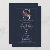 Invitation S Monogramme Dernier initial bleu Floral Mariage (Devant / Derrière)