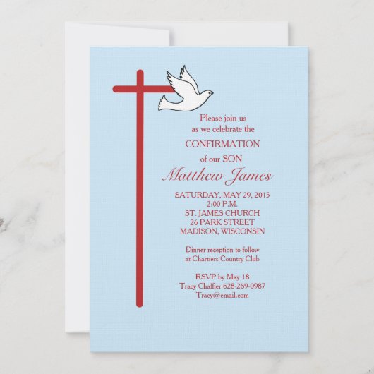 Invitation Sa Croix de Confirmation Colombe Bleue (Devant)