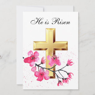 Invitation Sa est Ressuscité Aquarelle Croix de Fleur de Pâqu