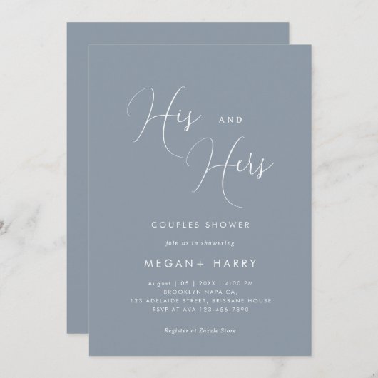 Invitation Sa & Hers Simple Dusty Blue Couple Douche nuptiale (Devant / Derrière)