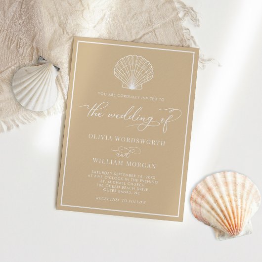 Invitation Sable Beige Elégant Mariage de coquillages