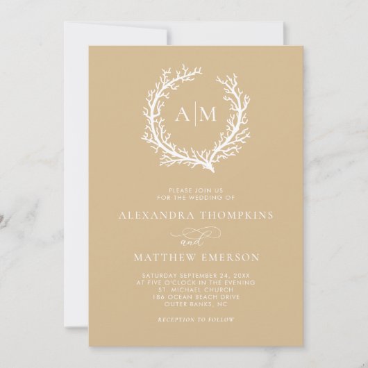 Invitation Sable Beige Nautique Corail Reef Mariage minimal (Devant)