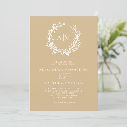 Invitation Sable Beige Nautique Corail Reef Mariage minimal (Debout devant)