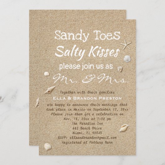 Invitation Sable de plage et Typographie blanche Mariage (Devant / Derrière)