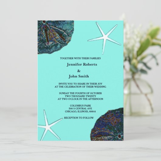 Invitation Sable Dollar Abstrait Sea Shells Turquoise Beach W (Debout devant)