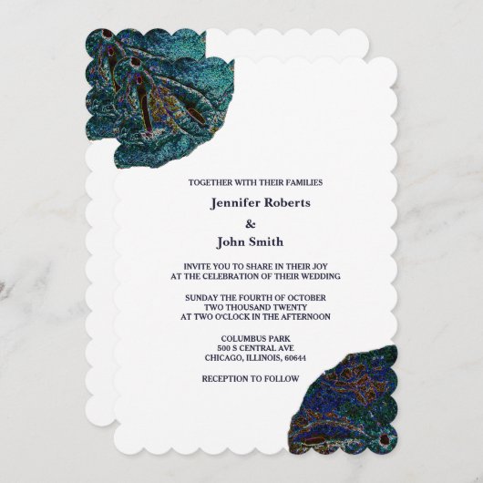 Invitation Sable Dollar Art Abstrait Bleu Blanc Plage Mariage (Devant / Derrière)