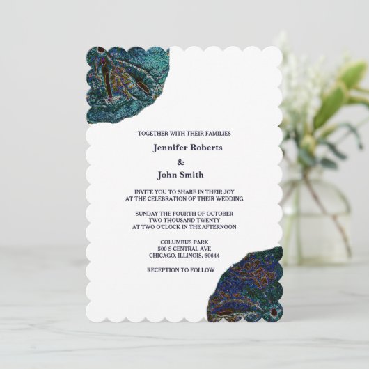 Invitation Sable Dollar Art Abstrait Bleu Blanc Plage Mariage (Debout devant)