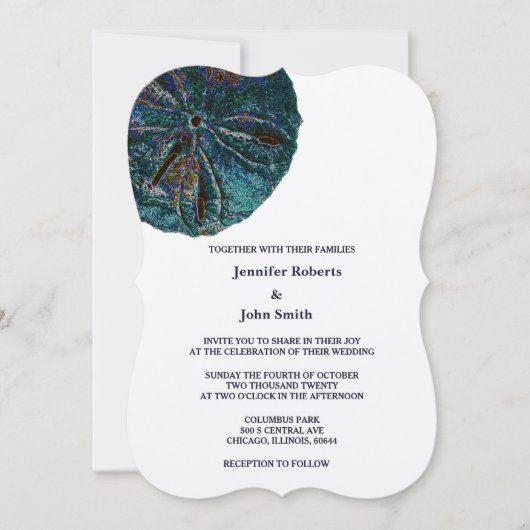 Invitation Sable Dollar Art Plage Abstraite Mariage Blue Silv (Devant)
