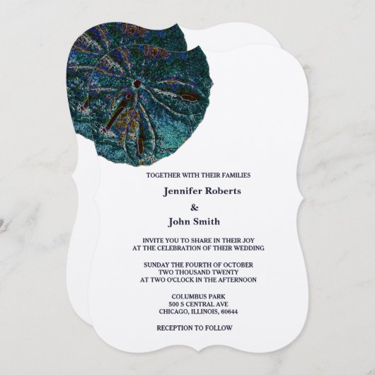 Invitation Sable Dollar Art Plage Abstraite Mariage Blue Silv (Devant / Derrière)
