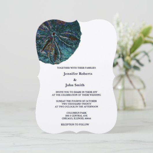 Invitation Sable Dollar Art Plage Abstraite Mariage Blue Silv (Debout devant)