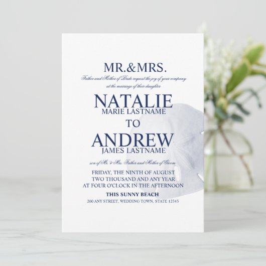 Invitation Sable Dollar Mariage Marine Bleu (Debout devant)