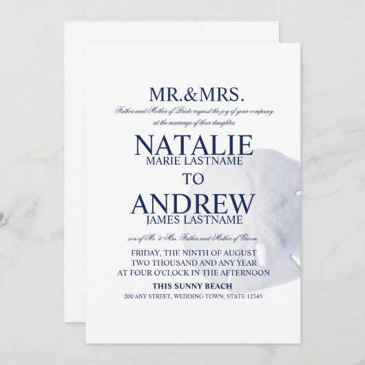 Invitation Sable Dollar Mariage Marine Bleu (Devant / Derrière)