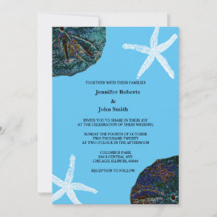 Invitation Sable Dollar Sea Shells Abstrait Blue Beach Weddin