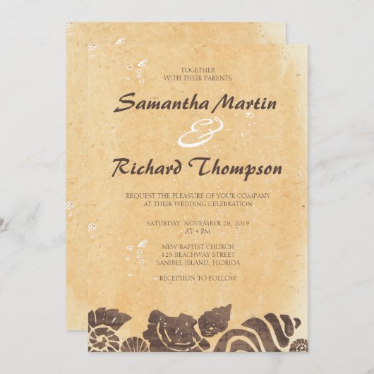 Invitation Sable et coquillages de mer / Plage Mariage Invita (Devant / Derrière)