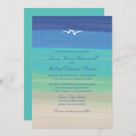 Invitation Sable, mer et mouettes | Mariage océanique peint (Devant / Derrière)