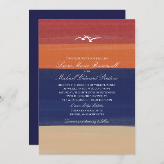 Invitation Sable, mer et mouettes peints d'automne | épousant (Devant / Derrière)