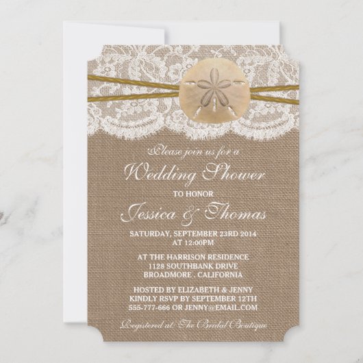 Invitation Sable rustique Dollar Plage Mariage Douche (Devant)