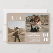 Invitation Sable tan minimaliste initiales 2 photos mariage (Devant)