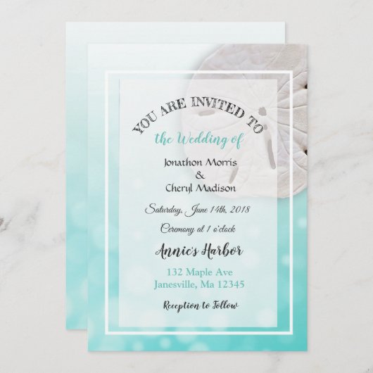 Invitation Sable turquoise Plage Dollar Thème Mariage Invitat (Devant / Derrière)