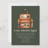 Invitation Sac à dos Aventure + Bouteilles Baby shower vert (Devant)
