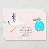 Invitation Sac rose cigogne mignonne illustration bébé garçon (Devant)