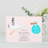 Invitation Sac rose cigogne mignonne illustration bébé garçon (Debout devant)