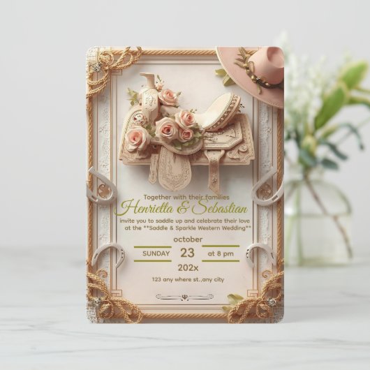 Invitation Saddle & Sparkle - Rustique Mariage occidental Inv (Debout devant)