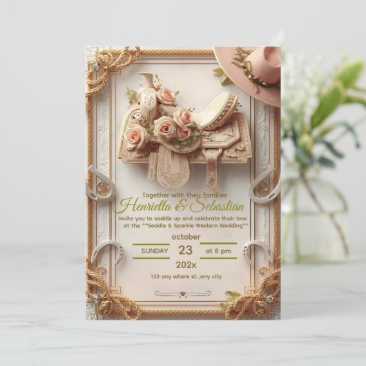 Invitation Saddle & Sparkle - Rustique Mariage occidental Inv (Debout devant)