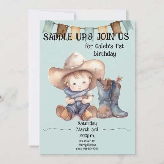 Invitation Saddle Up 1er Anniversaire Petit Cowboy (Devant)