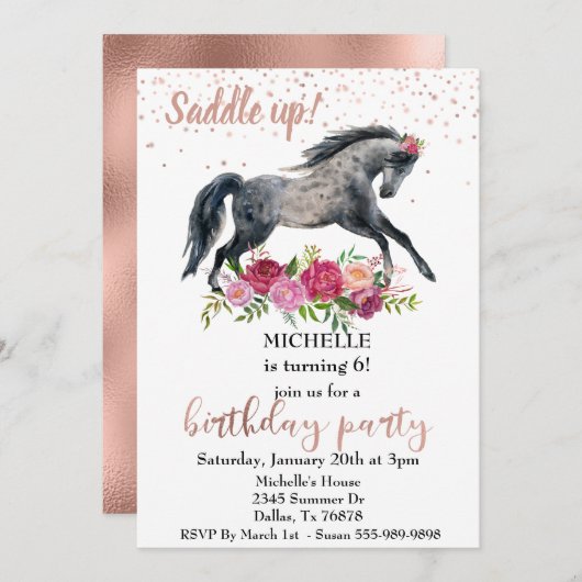 Invitation Saddup Cheval Anniversaire fête rose (Devant / Derrière)
