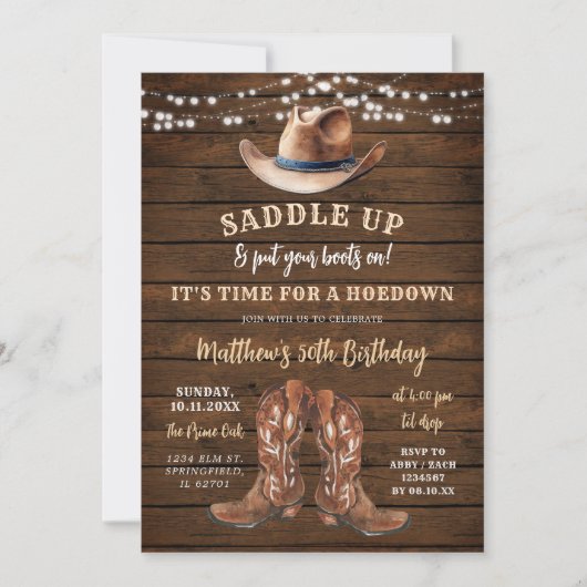 Invitation Saddup Cowboy Boots Rustic Birthday Hodown (Devant)