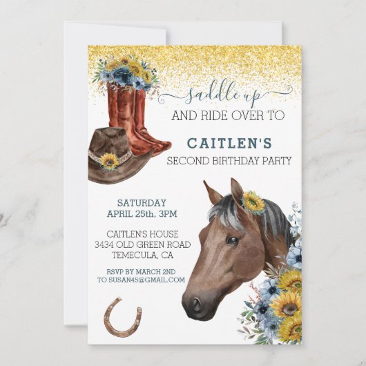 Invitation Saddup Horse Lover Sunflower Anniversaire (Devant)