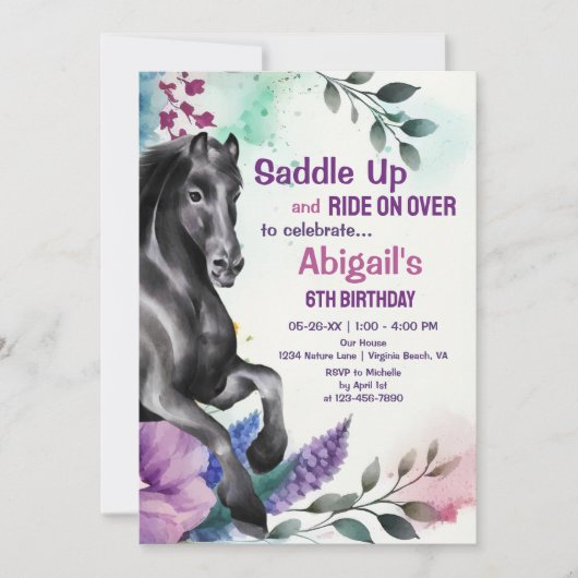 Invitation Saddup Joli Cheval Noir et Fleurs Anniversaire (Devant)