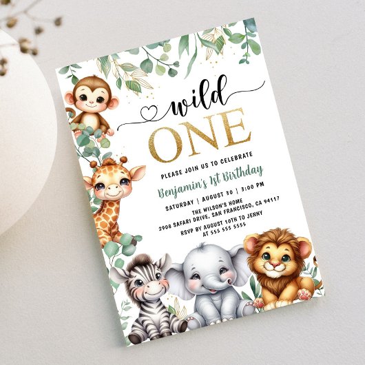Invitation Safari 1er anniversaire Wild One | Gold Jungle Ani