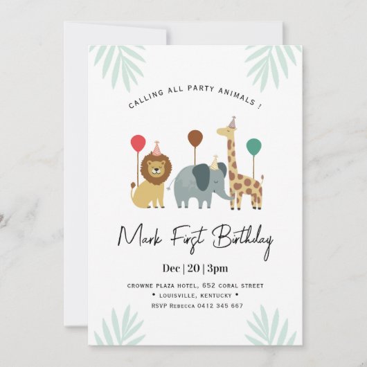 Invitation Safari Animal 1st  Birthday Party  (Devant)