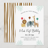 Invitation Safari Animal 1st  Birthday Party  (Devant / Derrière)