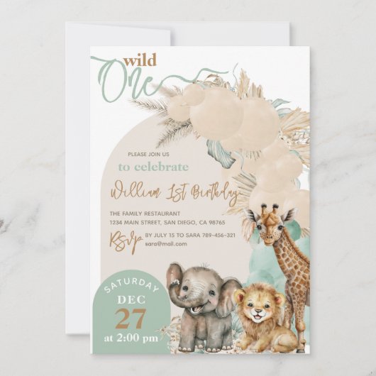 Invitation Safari animal Boho Balloon Boy 1er anniversaire (Devant)