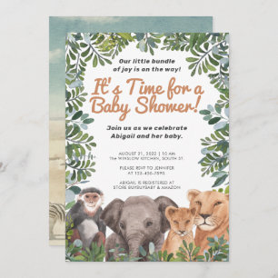 Invitation Safari animal, Eléphant, Baby shower vert singe