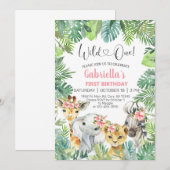 Invitation Safari animal fille 1er premier anniversaire invit (Devant / Derrière)