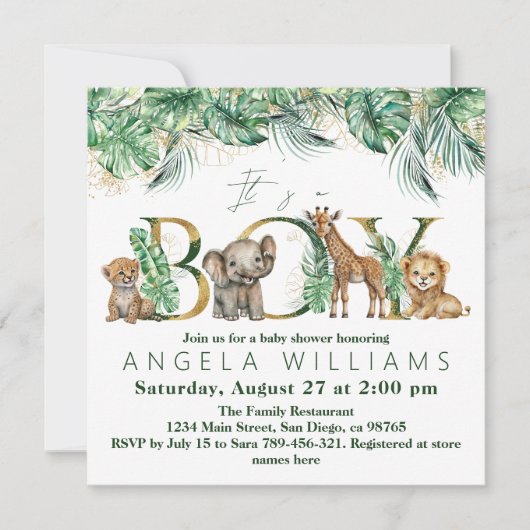 Invitation Safari Animal Jungle Vert & Gold garçon Baby showe (Devant)