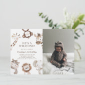Invitation Safari animal thème avec photo 1er anniversaire (Debout devant)