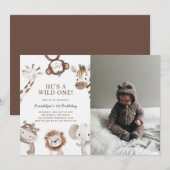 Invitation Safari animal thème avec photo 1er anniversaire (Devant / Derrière)