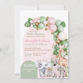 Invitation Safari animal Tropical vert rose bébé fille douche (Devant)