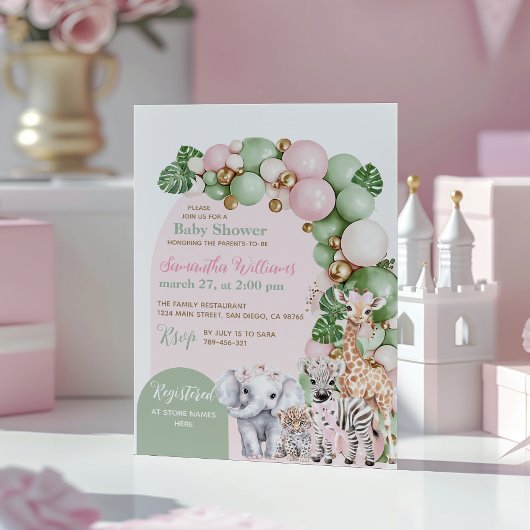Invitation Safari animal Tropical vert rose bébé fille douche