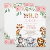 Invitation Safari Animal Wild One Blush Floral 1er Anniversai (Devant / Derrière)